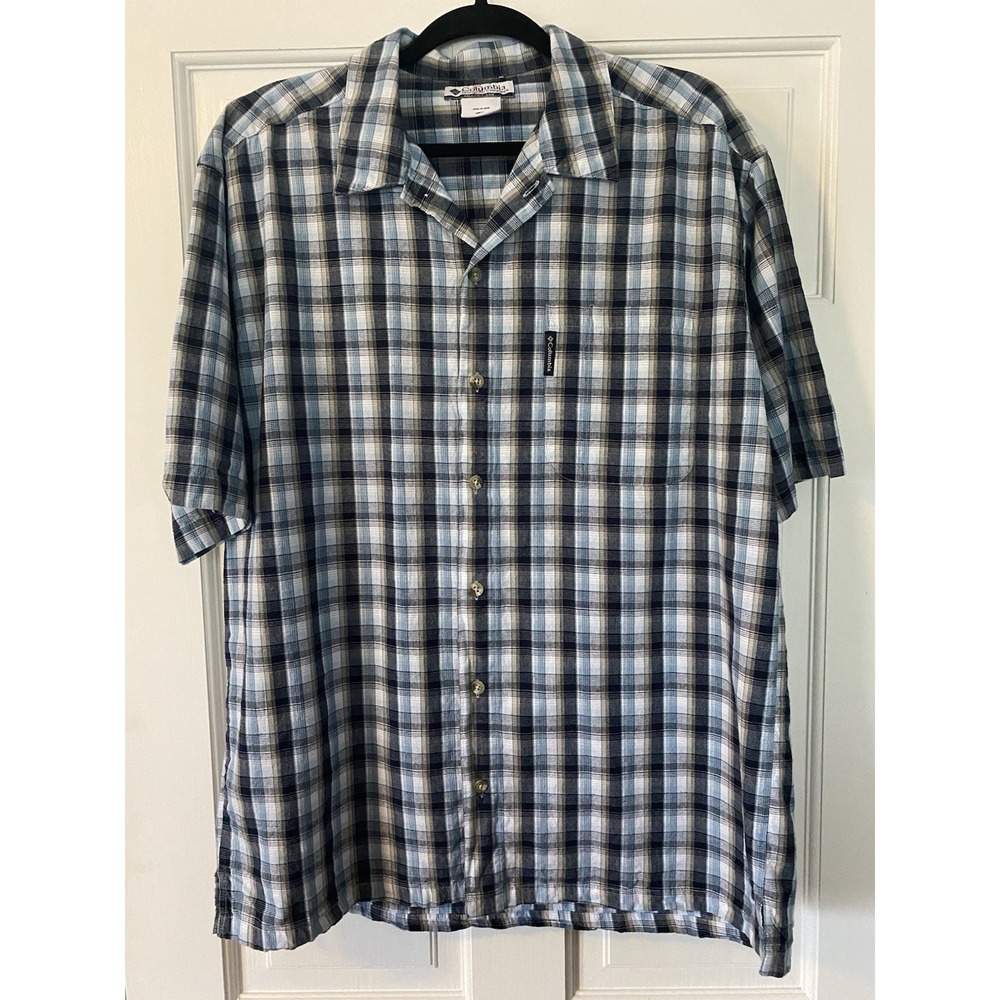 Columbia Mens Short Sleeve Shirt SZ Lrg Blue Plaid Button Down XM7120 Ireregular